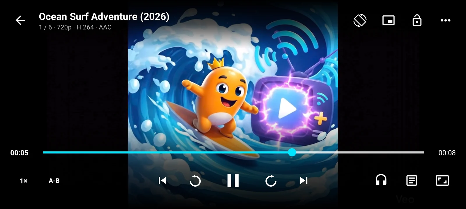 Wavvy Player playing a video on an Android phone with subtitles and player controls