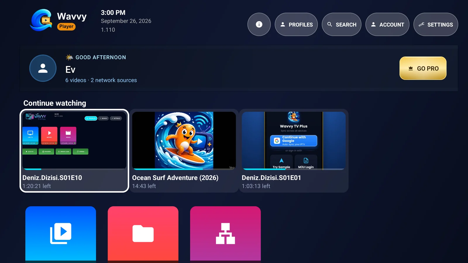 Wavvy Player home screen on Android TV with continue watching and video library