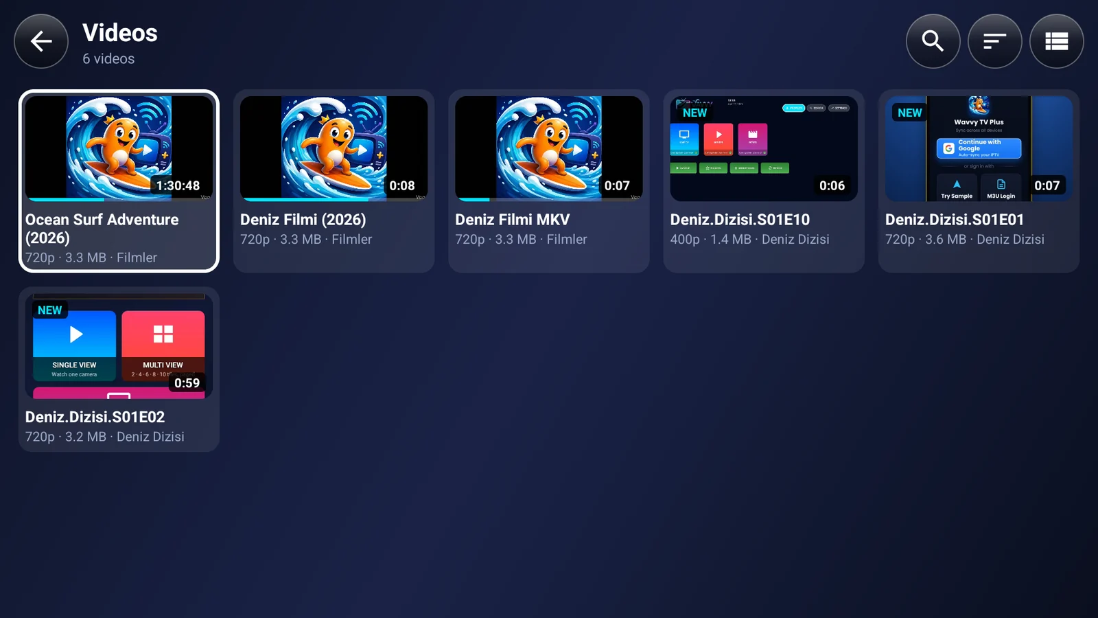 Video library in Wavvy Player sorted by folders with series episodes in order