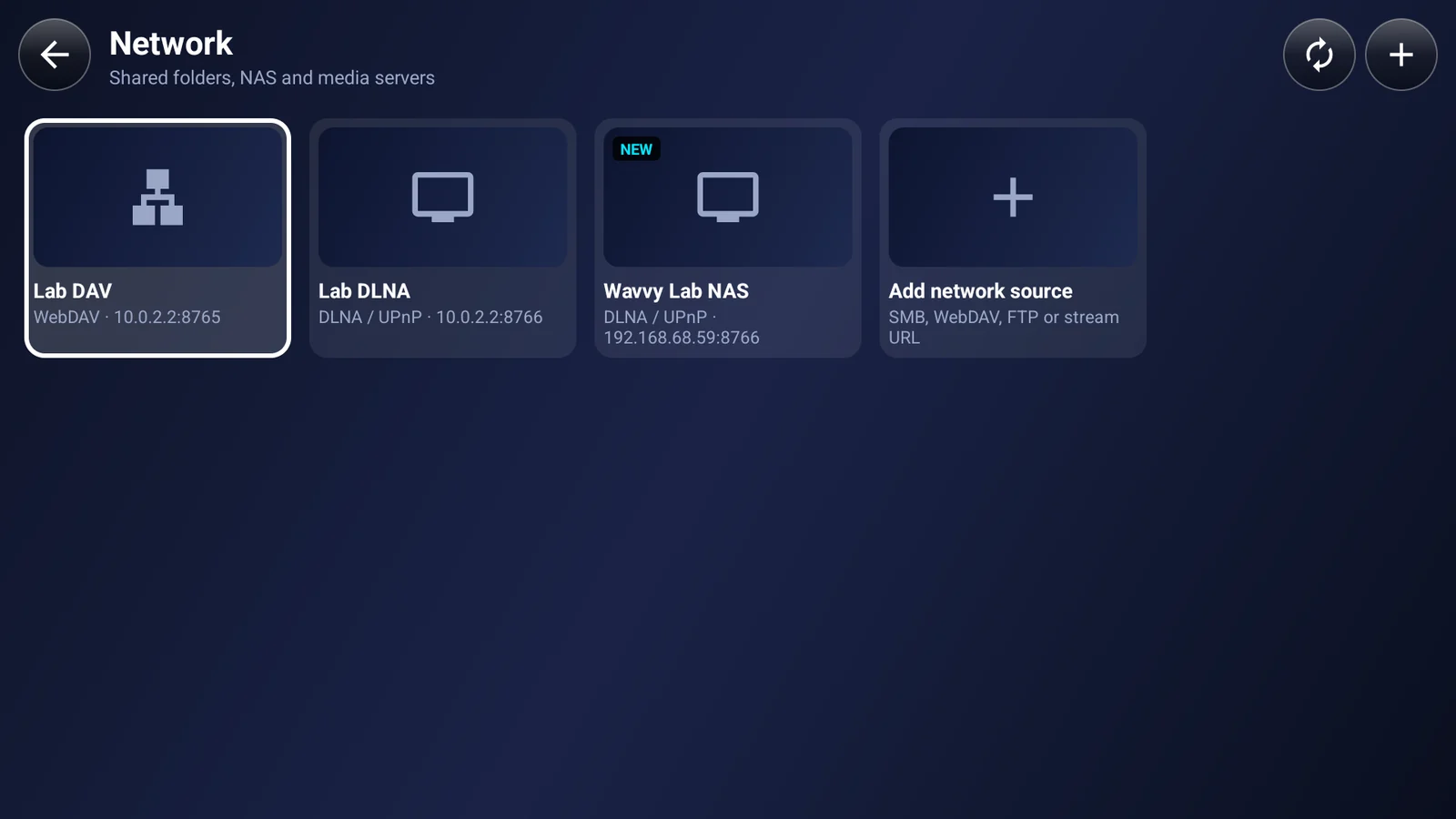 Adding an SMB network share and DLNA media server in Wavvy Player on Android TV